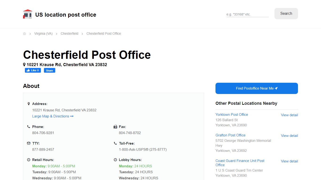 Chesterfield Post Office, VA 23832 - Hours Phone Service and Location