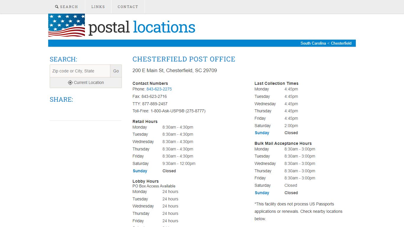 Post Office in Chesterfield, SC - Hours and Location