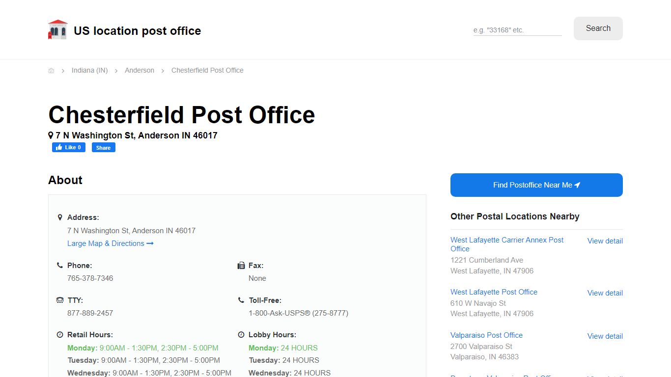 Chesterfield Post Office, IN 46017 - Hours Phone Service and Location